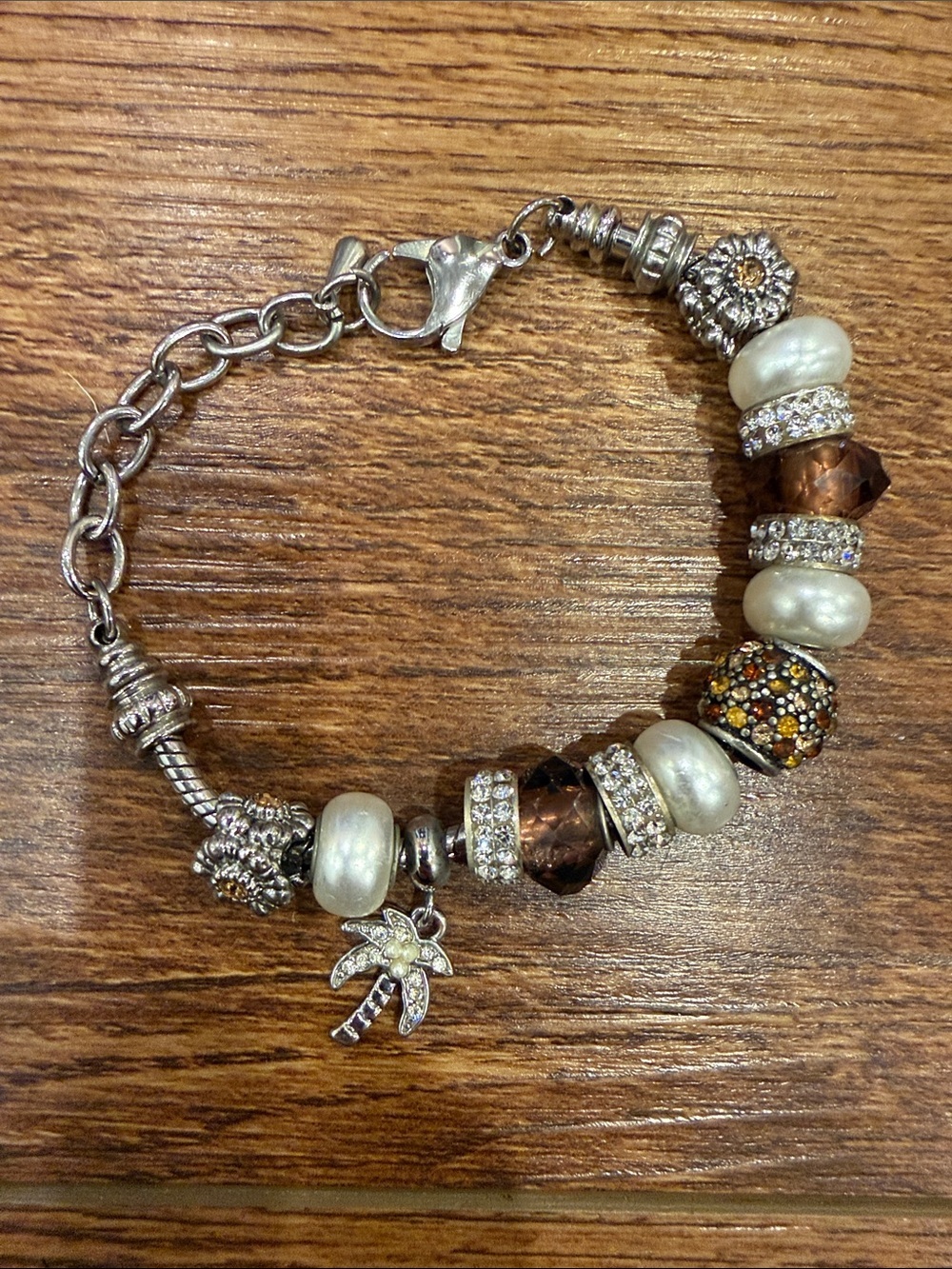 bella Perlina Silver-Tone Bracelet with Ivory Pearls & Brown Crystals
